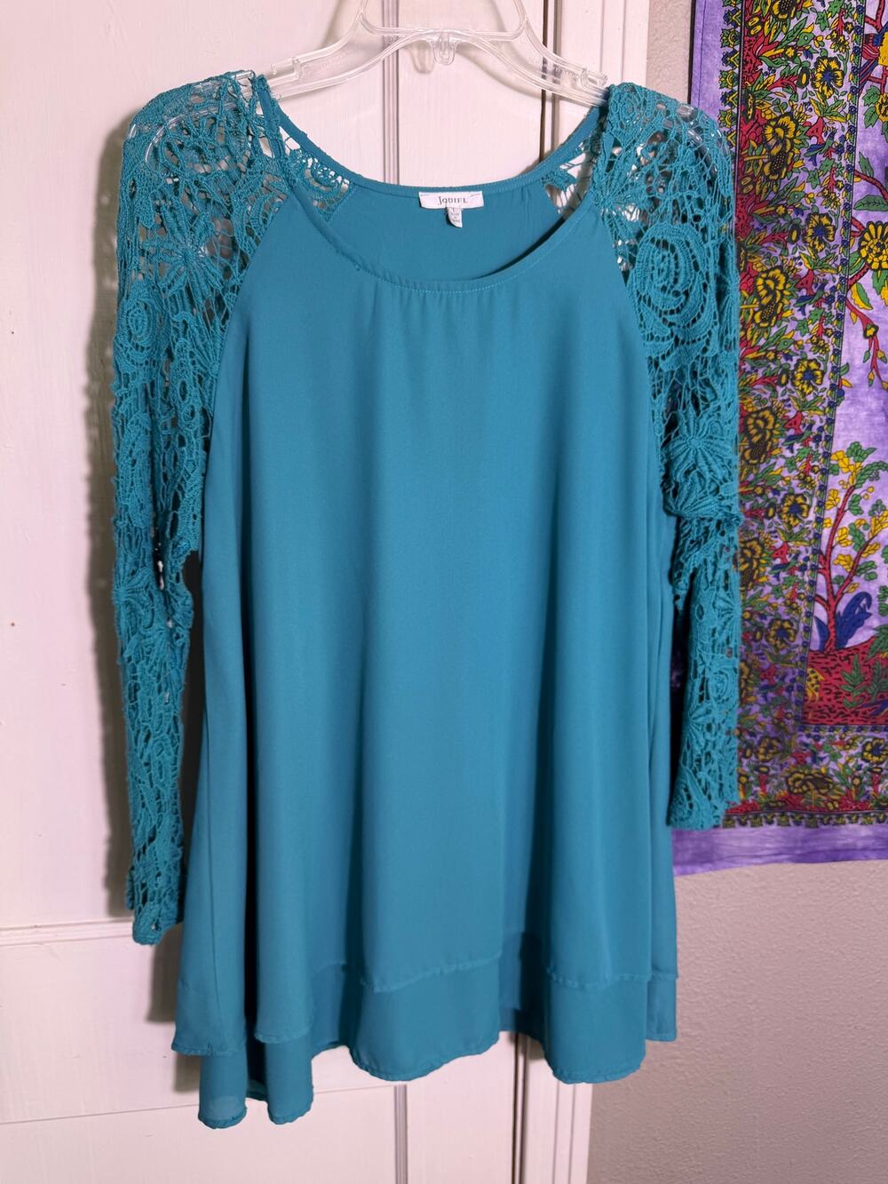 Jodifl Teal Crochet Lace Sleeve Tunic Top Womens Large Boho Long Sleeve Blouse
